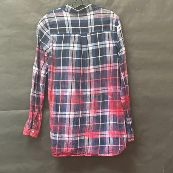 Old Navy Size Large Plaid Shirt Red Grunge Tie Dyed Tunic Window Pane Blue - Picture 6 of 6